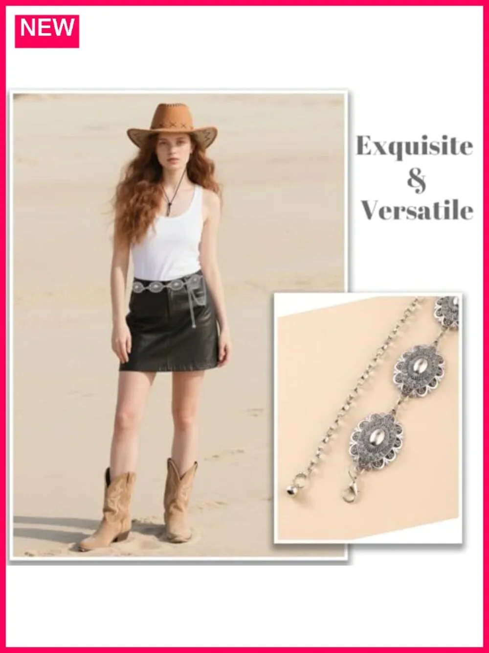 Western Concho Chain Belt for Women Boho Metal Belt for Country Concert Dresses